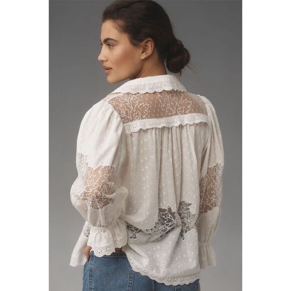 Anthropologie Mixed Lace Blouse M White - Picture 2 of 6